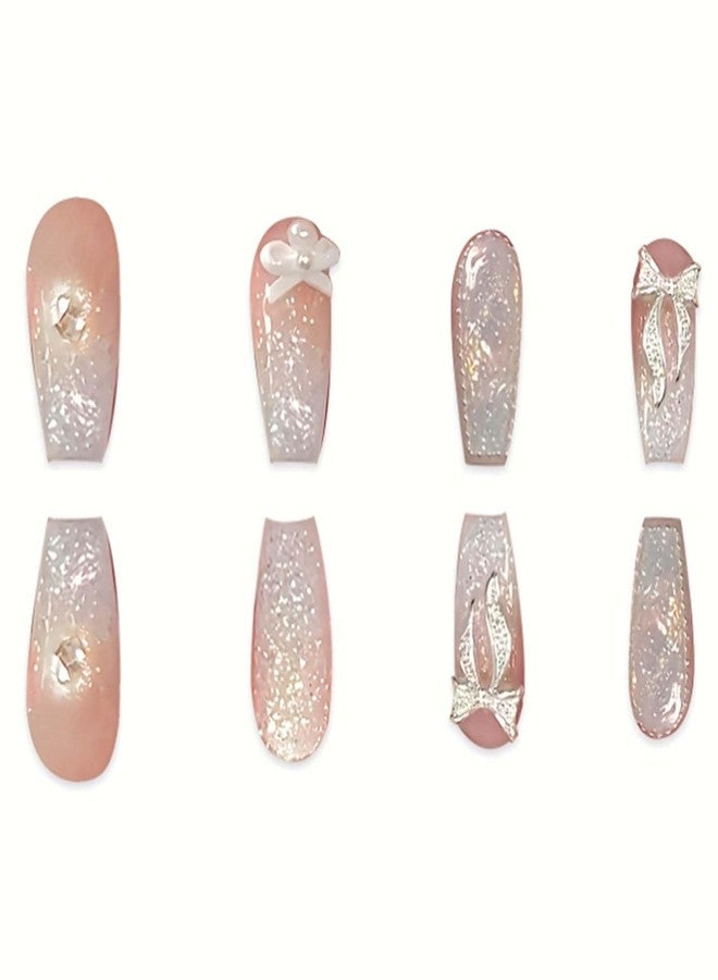 YoYoee Long Coffin Press on Nails Gradient Fake Nails Acrylic Glitter Pearls False Nails Bow Tie Full Cover Nails Tips for Women and Girls 24Pcs - Image 4